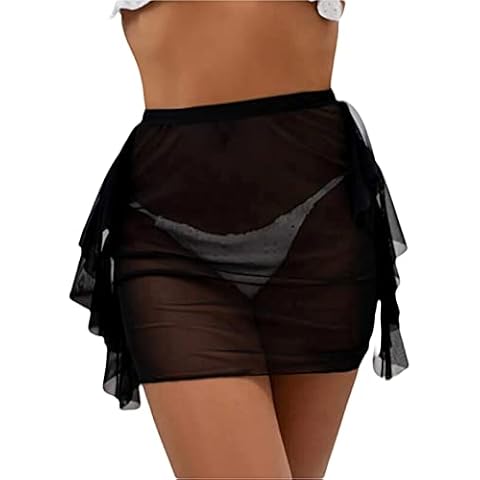Women Sexy Sheer Mesh High Waist Skirts See-Through Swim Cover-Ups Solid Mini Skirts Ruffled Bikini Beachwear (Black, Large) Cover