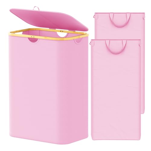SpaceAid Double Laundry Hamper 2 Section with Lid and Removable Laundry Bags, 160L Clothes Basket with Bamboo Handles, Large Collapsible Hamper for Bedroom, Bathroom, Dorm, Laundry Room - Pink