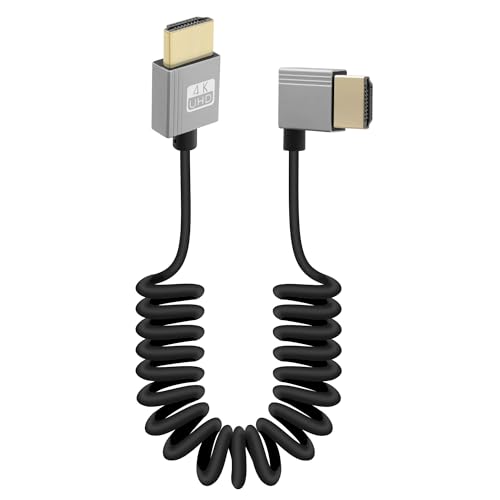 RIIEYOCA 4K Short HDMI to HDMI Coiled Cable, 90 Degree Right Angle 18Gbps High Speed HDMI2.0 Support 4K@60Hz, Compatible with Camcorders, Monitors (Right)