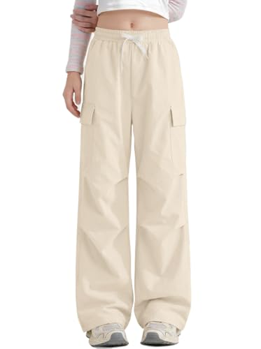Haloumoning Girls Parachute Pants Kids Elastic Waist Wide Leg Cargo Pants Y2K Street Baggy Trousers with Pockets 5-14 Years Apricot