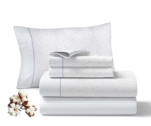 Viuda de Tolra - Juego Sábanas para Primavera y Verano | 100% Algodón 144 Hilos | Incluye Sábana Encimera, Bajera Ajustable y Funda Almohada | Modelo Abrazo | (Azul, Cama 90cm)