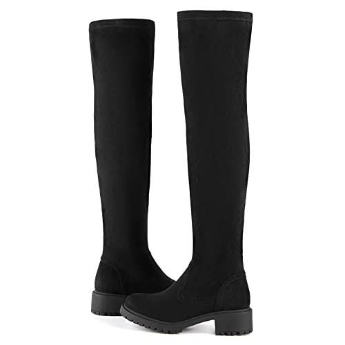 Black Thigh High Boots,2022 Winter Women's Suede Over The Knee Boots Mid Calf Round Toe Side Zipper Flat Booties Fall Thigh High Boots No Heel Wide Calf Elastic Western Cowgirl Cowboy Boot Black,05 #TOP5