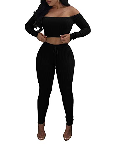 Women's 2 Pieces Long Sleeve Off Shoulder Sexy Crop Top+ Bodycon Jumpsuit Long Pant Skinny Romper Black