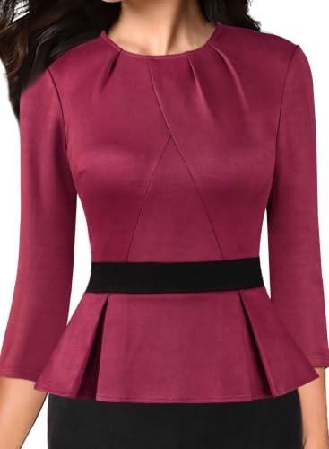Image of VFSHOW Womens Pleated Crew Neck Peplum Slim Work Business Bodycon Dress | 3 /4 Sleeves, Professional Elegant Church, Funeral, Spring Fall, Fitted Office Pencil Sheath Dress