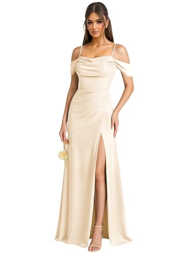 Off The Shoulder Bridesmaid Dresses for Women Long Cowl Neck Chiffon Formal Evening Gown with Slit