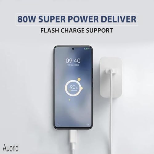 Image of Auorld Original 80W Fast Charging Adapter, Compatible with VIV0 V29,V29 Pro,X80 Pro 5G,T3 Pro,V28,X90 Pro Plus 5G, S17,S17 Pro,Y77 5G,X80 5G,V30 Pro,Y300,V40,Y58, Y200 Pro,V30E,Y18E,IQOO & More,White