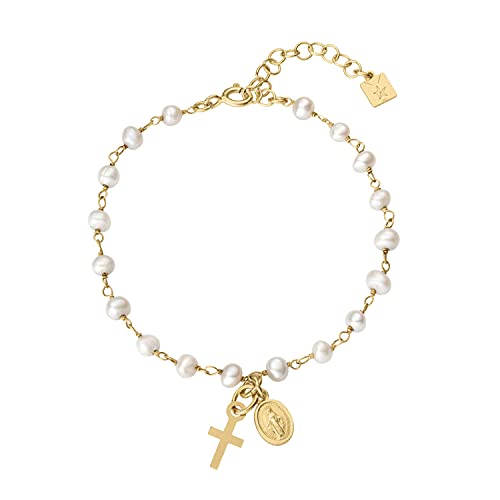 Kokomorocco   Pulsera Mujer Rosario Virgen Milagrosa   Pulsera Ajustable – Perlas de Agua Dulce   Plata de ley 925 Bañada en Oro de 18 Quilates – Regalo Original Mujer – Diseño Artesanal