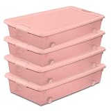 Sterilite 4-Pack 56 Quart Wheeled Latching Box, Underbed Plastic Storage Organizer, Pearl Blush Tint - Under Bed Rolling Container Bin with Lid and Wheels for Home or Dorm Bedrooms and Closets