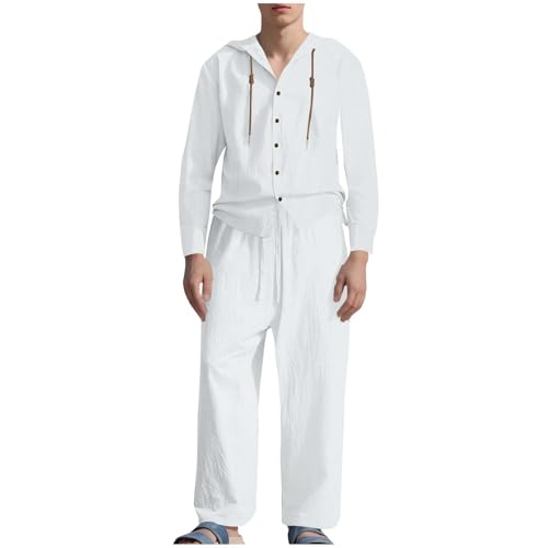 Cotton Linen Sets for Men Button Down Long Sleeve Hoodies and Elastic Waist Pants Set Casual Loose Vacation Outfit