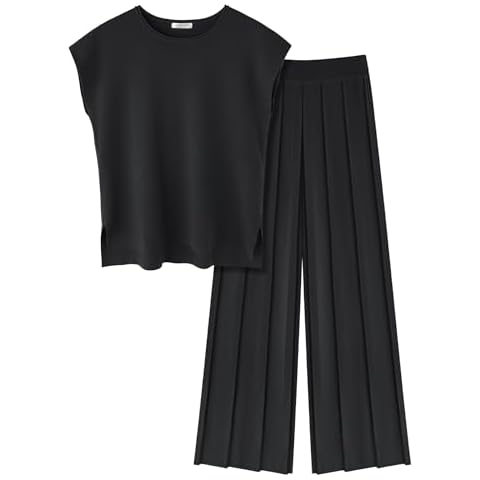 Ekouaer Lounge Sets for Women Two Piece Outfits Knit Cap Sleeve Tops Wide Leg Pleated Pants Casual Dressy Sweater Sets Black Cover
