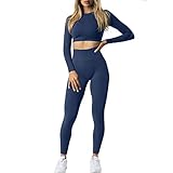 JN JANPRINT Set da palestra Set da allenamento da donna 2 pezzi abiti a maniche lunghe a costine top leggings a vita alta abbigliamento sportivo set da palestra, Blu smoking, M