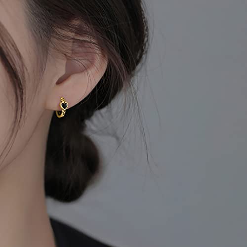 Sluynz 925 Sterling Silver Black Heart Huggie Hoop Earrings For Women Teen Girls Small Heart Hoop Earrings Retro Punk Earrings (B-Gold Plated) #TOP1