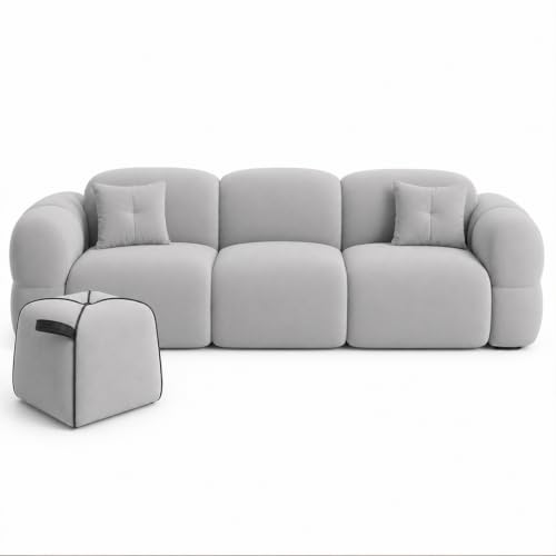 Image of FURNY Luxury Nimbus 3 Seater + Suri Pouf Sofa Set for Living Room | Boston Fabric Upholstered | Modern Cushioned Comfortable Couch for Home Office & Drawing Room | Light Grey