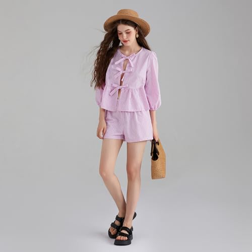 Image of Yuemengxuan Women Y2k Two Piece Plaid Lounge Sets Puff Sleeve Tie front Blouse Top High Waist Shorts Casual Pajamas Sets