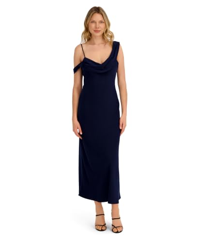 Laundry by Shelli Segal Women's One Shoulder Draped Satin Dress – V-Neck, Asymmetrical, Peacoat, 2 : Clothing, Shoes & Jewelry