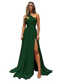 Elegant Green One Shoulder Prom Dresses 2023 Long with Pockets Chiffon Pleated A-Line Formal Gowns f