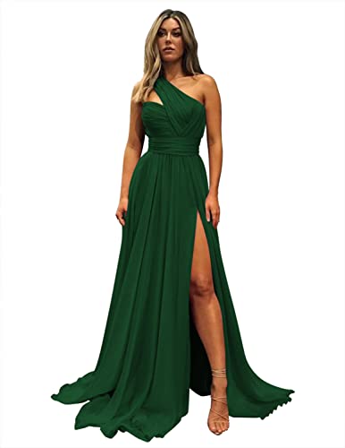 Elegant Green One Shoulder Prom Dresses 2023 Long With Pockets Chiffon Pleated A-Line Formal Gowns For Party With Slit Size 12 #TOP15