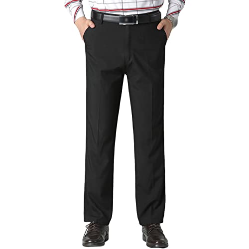 Maiyifu-GJ Men's Solid 4-Way Stretch Pant Straight Fit Flat Front Dress Pant Business Lightweight Ultra Loose Casual Pants (Black,30)