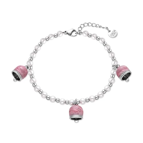 Dada Gioielli - Stainless Steel Women's Bracelet with Majorca Crystal Beads and 3 Bell Pendants, Silver-coloured Hypoallergenic Good Luck Gift Box, 6.7+1 inch,