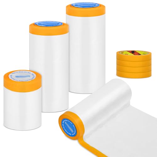 Image of Tape and Drape with 4 Rolls Masking Tape, 4 Sizes Pre Taped Masking Film for Automotive Painting Covering, Multi Use Painters Plastic with Tape for Car Furniture Painting Sheeting Covering