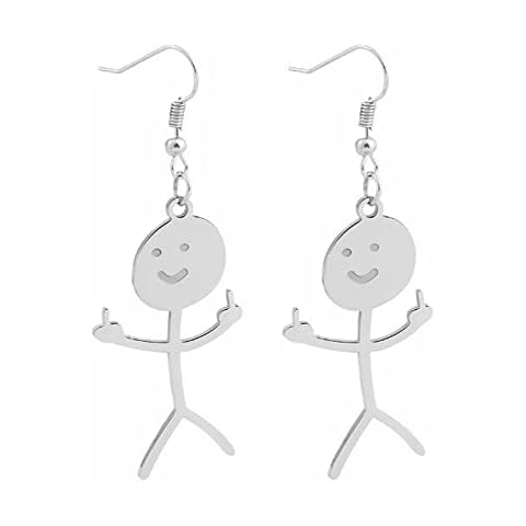 Pingyongchang Cool Funny Doodle Middle Finger Earrings Cute Handmade Face Dangle Drop Earrings for Women Men Friendship Personalized Jewelry Best Friend Gift-Silver Earrings Cover