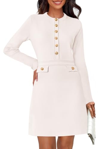 MEROKEETY Women's Fall 2025 Long Sleeve Bodycon Sweater Dress Button Crew Neck Winter Formal Mini Dresses, Ivory, Medium