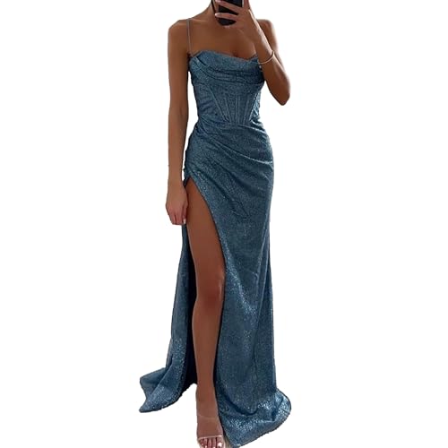 OULIWANGLUO Damen Neckholder Schlitz Lange Abendkleid Sexy Elegant Hochzeit Cocktailkleid Lang Hochzeitsgäste Partykleid Maxi Kleider (Blau,S)
