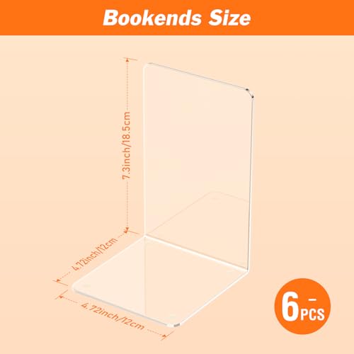 Image of Acrylic Bookends 6 Pcs, Clear Book Ends for Shelves, Transparent Bookend Organizer, Book Holder Stand Decorative, Book Stoppers for Heavy Duty Books, CD, File, Video Games