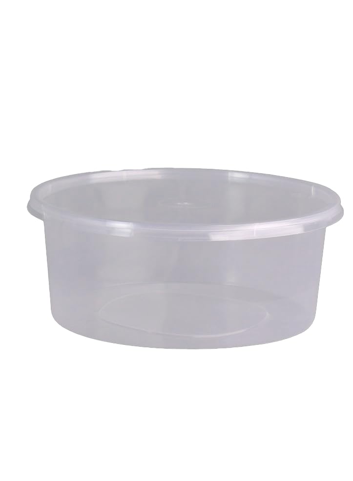Packwell Microwave Round Shaped Container with Lid 200-Pieces, 750 ml Capacity, Clear
