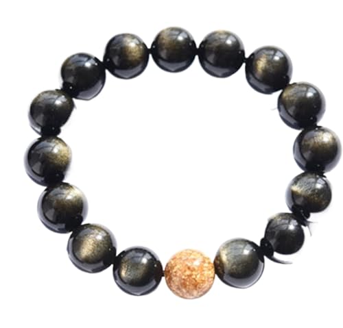 Bracelet obsidienne noire amulette richesse argent et perle feuille d'or
