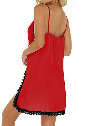 Hocosit Womens Lace Lingerie Nightgown Sexy Chemise V Neck Slip Satin Silk Negligee Nightdress S-Xxl Red Large #TOP3