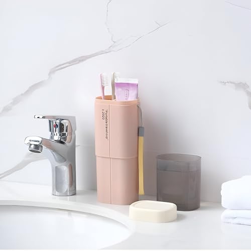 Image of Shopiable Store Travel Toothbrush Case Multifunctional Toothpaste Container Portable Business Trips Wash Cup Holder Organizer Towel Storage Box for Traveling, Camping (Travel Pink, Soap)
