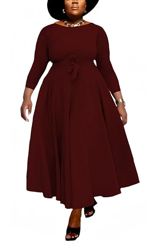 Image of Hostoyo Women Plus Size Formal A Line Maxi Dress Self Tie Waist with Pockets Elegant Round Neck Swing Long Dresses