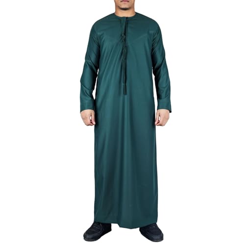 Men's Thobe Emirati Omani Jubba Islamic Clothing Muslim Kaftan Eid Robe String Tassel|Olive