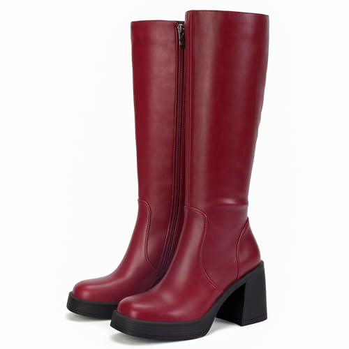 Image of Choiran Knee High Boots for Women - Platform Chunky Square Toe Tall Boots with Block Heeled Side Zipper, Fashion Long Gogo Boots for Spring Fall