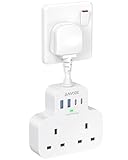Multi Plug Extension Socket with 4 USB Ports, ANVODE 2 Way Plug Adaptor with Flexible Cable, Short Extension Lead Double Adapter Plug UK for Bedroom, Office, Kitchen. White