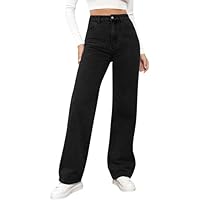 Women's Denim Jeans Baggy Straight Leg High Waist Jean Tummy Control Streetwear Pants Ladies Trousers with Pocket Black