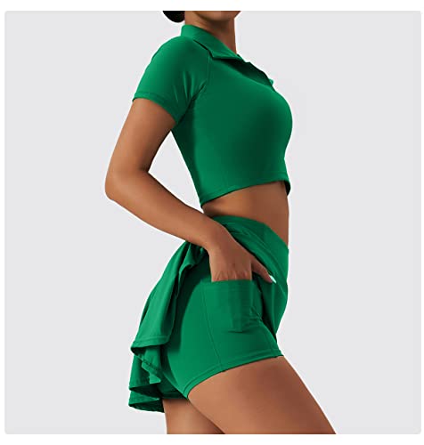 2 Piece Tennis Dress for Women High Waist Pleated Tennis Skirt with Shorts Short Sleeve Crop Golf Workout Skirts Sets4