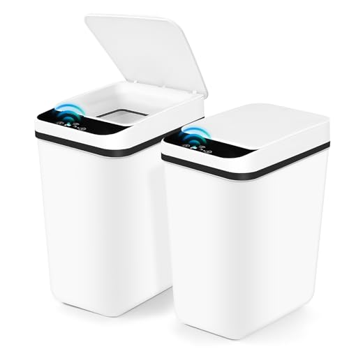2 Pack Automatic Touchless Garbage Bin, 10L & 10L Automatic Bathroom Trash Can, Smart Motion Sensor Trash Bin Waterproof Small Slim Garbage Can for Office Living Room Toilet Kitchen (White)