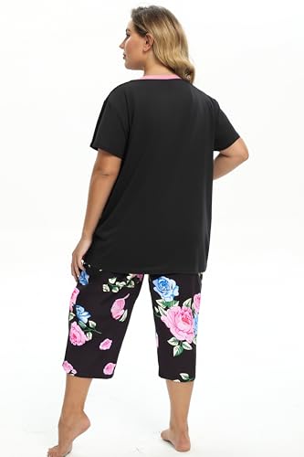 Image of Vozanet Women's Pajamas Set Soft V Neck Sleepwear Top and Capri Pj Lounge Sets Cartoon Heart Shape Cat Nighty Plus Size