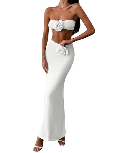 Owl's-Yard Women’s Skirt Sets 2 Piece Outfits Strapless 3D Flower Crop Tube Tops Bodycon Long Skirt Beach Vacation Clothes