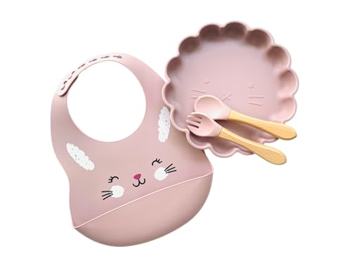 Set repas assiette ventouse + couverts pour enfant personnalisé | Cadeau de Bapteme naissance | Cadeau enfant et bébé | Kit Coffret Diner (Rose)