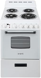 Avanti Electric Range Oven Compact Design, 2.1-Cu.Ft. Capacity with 4 Coil Burners, Framed Glass Oven Door, Storage Drawer and Broiler with Pan, 20-Inch, White