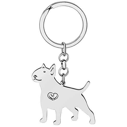 LONYOO Lindo Llavero de Acero Inoxidable Perro Mascotas Regalos para Amantes de Perros Mujeres Niñas Cachorro Llavero Coche Llavero Monedero Charms (Plateado Bull Terrier)