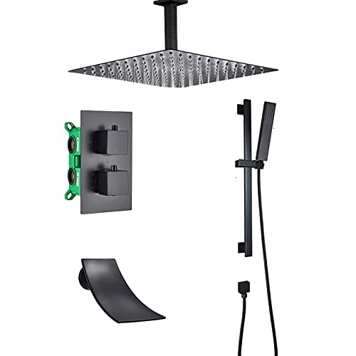 Ensemble de douche combiné monté au plafond noir avec cascade laiton