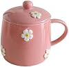 Mugs Ceramic Mug Household Tea Cup Korean Milk Cup Hand-Painted Daisy with Lid Cup Can Be Microwaved Coffee Cup(Pink)