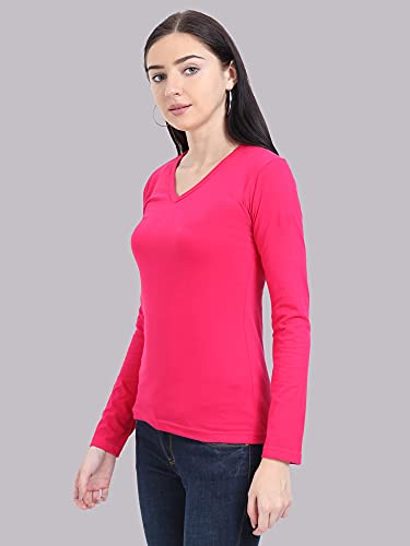 Image of FLEXIMAA Women's Cotton Plain V Neck Full Sleeve T-Shirt