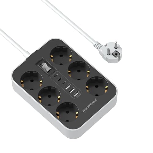 Steckdosenleiste 6-Fach mit USB (3 USB-A 3 USB-C) Mehrfachsteckdose Wandmontage, Steckdose mit Schalter und 2M Verl&auml;ngerungskabel &Uuml;berspannungsschutz Steckdose, Schwarz