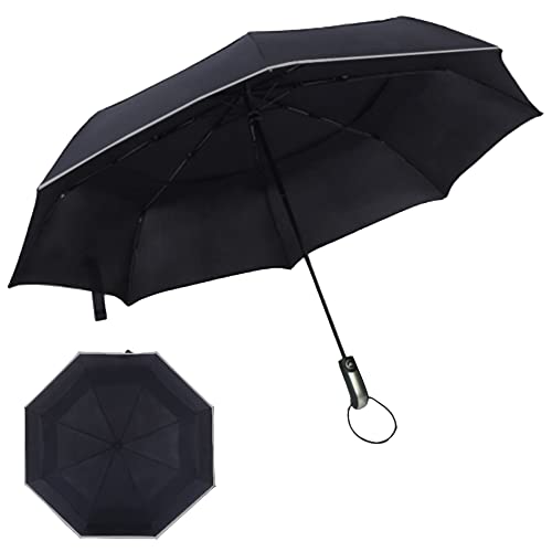 FISHTEC Regenschirm gegen Wind und Burrasken - kompakt, automatische Öffnung mit ergonomischem Griff und Handschlaufe, wasserabweisendes Gewebe und reflektierendes Band - Ø 103 cm, schwarz, Schwarz Cover