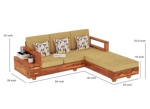 Image of Sheesham Wood 4 Seater L Shape Sofa Set with 2 Drawer Storage | 3+1 Wooden Sofa Set Furniture for Living Room Home Office (Honey)